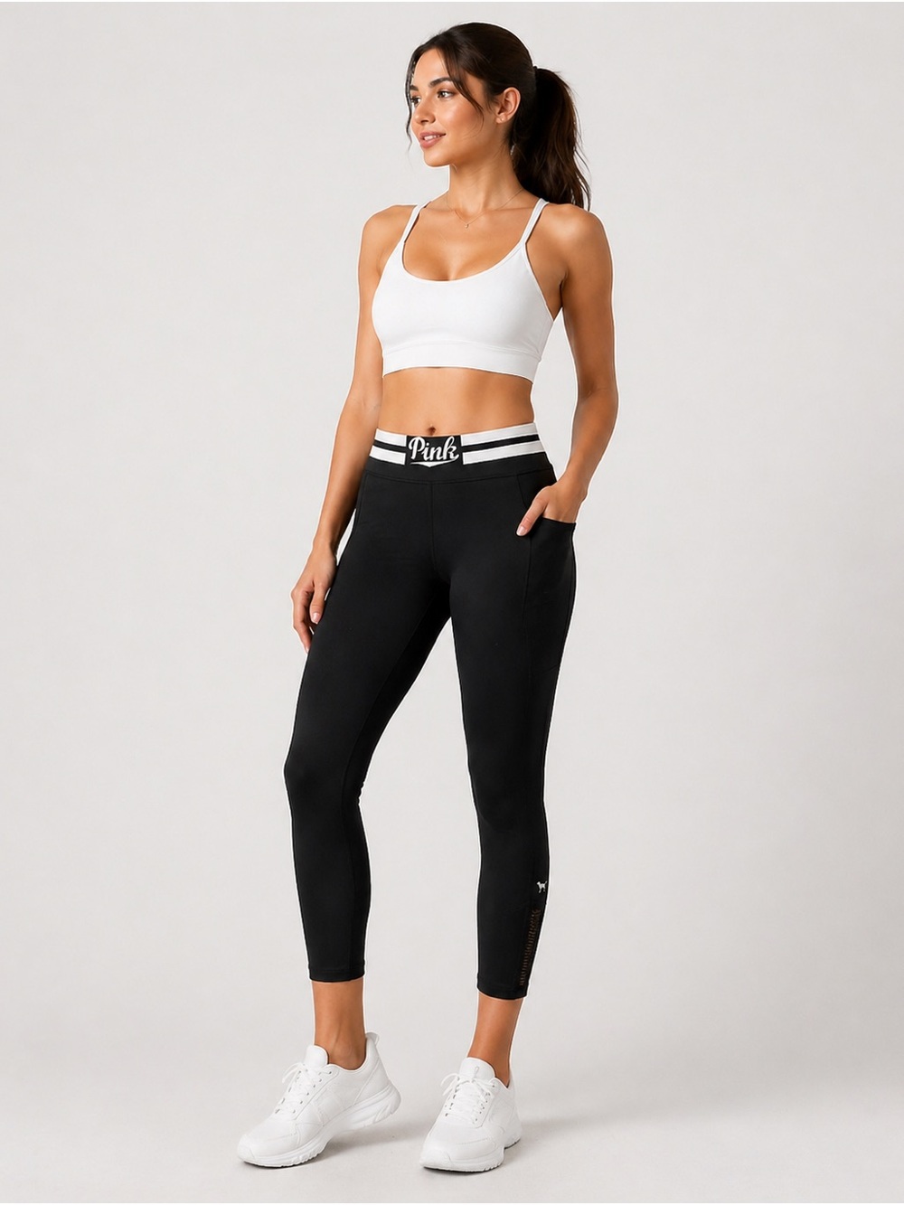 PINK Victoria's Secret Black Capri Leggings with Striped Waistband